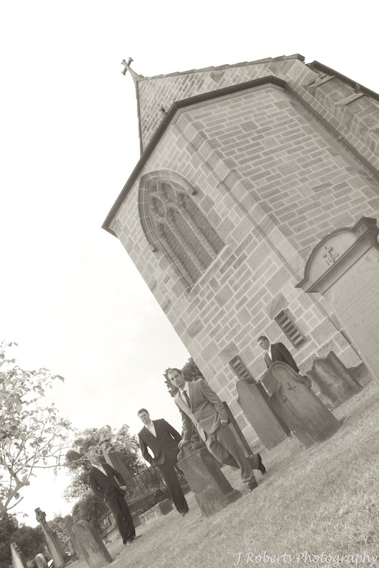 Groom with groomsmen outside church - wedding photography sydney